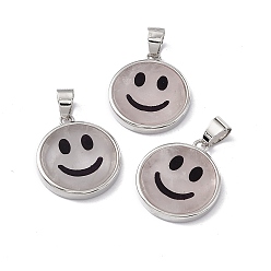 Rose Quartz Natural Rose Quartz Pendants, Flat Round with Smiling Face Charms, with Rack Plating Platinum Tone Brass Findings, Cadmium Free & Lead Free, 21x18.5x3mm, Hole: 4x6mm