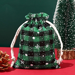 Dark Green Christmas Themed Burlap Drawstring Bags, Rectangle Tartan Pouches for Christmas Party Supplies, Dark Green, 14x10cm