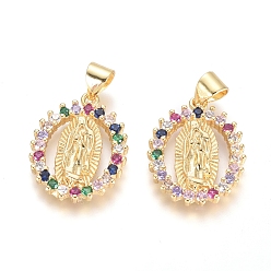 Colorful Brass Micro Pave Cubic Zirconia Pendants, Lady of Guadalupe Charms, Long-Lasting Plated, Oval with Virgin Mary, Golden, Colorful, 20x15x2.5mm, Hole: 5x3mm