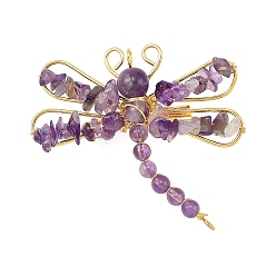 Аметист Броши из натурального аметиста, латуни и железа, стрекоза, золотые, 45~52x51~52 мм