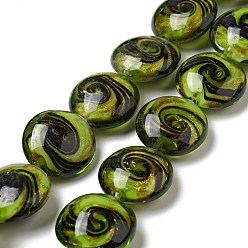 Yellow Green Handmade Gold Sand Lampwork Beads Strands, Flat Round, Yellow Green, 21x11mm, Hole: 1.2mm, about 18pcs/strand, 13.98 inch(35.5cm)