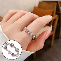 Heart Amethyst Rhinestone Open Cuff Ring, Platinum Brass Jewelry for Women, Heart Pattern, US Size 8(18.1mm)