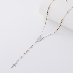 Dorado & Plateado Collares de rosario redondos de acero inoxidable vintage, Collares con colgante de cruz de la Virgen para mujer, oro y plata, 304 pulgada (20.87 cm)