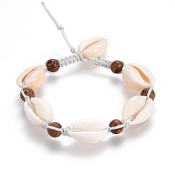Seashell Color Nylon Cord Braided Bead Bracelets, with Wood Beads and Shell Beads, Seashell Color, 9-1/8 inch(23.3cm)
