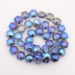 Royal Blue Hexagon Electroplate Full Rainbow Plated Glass Beads Strands, Faceted, Royal Blue, 15x14x8mm, Hole: 1mm, about 50pcs/strand, 23.6 inch