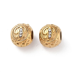 Letter P 304 Stainless Steel Rhinestone European Beads, Round Large Hole Beads, Real 18K Gold Plated, Round with Letter, Letter P, 11x10mm, Hole: 4mm