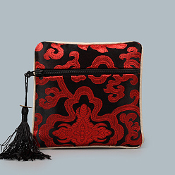 Dark Red Chinese Style Square Cloth Zipper Pouches, with Random Color Tassels and Auspicious Clouds Pattern, Dark Red, 12~13x12~13cm