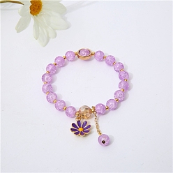 Medium Orchid Glass Round Beaded Stretch Bracelets, with Alloy Enamel Daisy Flower Charms, Medium Orchid, Inner Diameter: 2-3/8 inch(6cm)