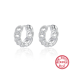 Platinum Rhodium Plated 925 Sterling Silver Micro Pave Cubic Zirconia Hoop Earrings, Curb Chains Shape, Platinum, 11x5.2mm