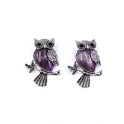 Amethyst Natural Amethyst Pendants, Antique Silver Plated Metal Owl Charms, 35~45mm