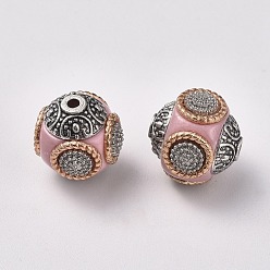 Pink Handmade Indonesia Beads, with Alloy Cores, Round, Antique Silver & Light Gold, Pink, 14~16x14~16mm, Hole: 1.5mm