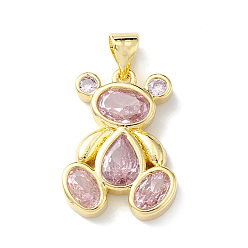 Pink Rack Plating Brass Micro Pave Cubic Zirconia Pendants, Lead Free & Cadmium Free, Bear Charm, Real 18K Gold Plated, Pink, 20x14.5x3mm, Hole: 4x3mm