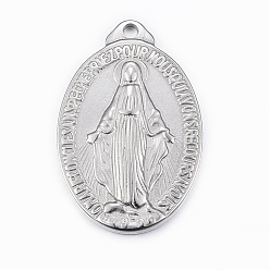 Stainless Steel Color 304 Stainless Steel Pendants, Oval with Virgin Mary, Stainless Steel Color, 31.5x21x3mm, Hole: 2mm