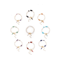 Mixed Stone Natural Mixed Stone Chips & Pearl Beaded Bracelet with Enamel Lighting Bolt Charms, Gemstone Jewelry for Women, Golden, 7-5/8 inch(19.5cm)