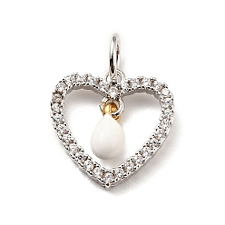White Rack Plating Brass Micro Pave Cubic Zirconia Pendants, with Enamel and Jump Ring, Long-Lasting Plated, Platinum, Heart, Cadmium Free & Nickel Free & Lead Free, White, 12.5x12x1.5~3mm, Jump Ring: 5x0.7mm, Hole: 3.4mm