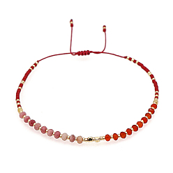 Red Natural Rhodonite & Glass Seed Braided Bead Bracelets, Adjustable Bracelet, Red, No Size
