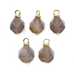 Серый агат Природные серые агаты подвески, граненые круглые подвески с латунными петлями, реальный 18 k позолоченный, без кадмия и без свинца, стойки покрытие, долговечный, 15.5x9x9 мм, отверстие : 2.5 мм