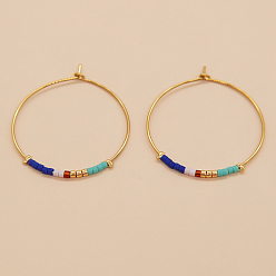 Blue Glass Seed Beaded Hoop Earrings, Boho Beach Earrings, Blue, 30x30mm