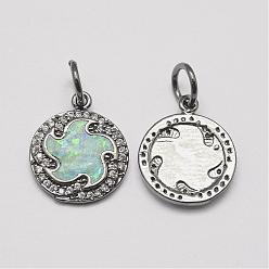 Gunmetal Brass Cubic Zirconia Charms, with Synthetic Opal, Flat Round, Cadmium Free & Lead Free, Gunmetal, 16x13.5x2mm, Hole: 4.5mm