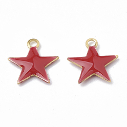 Red Brass Charms, Enamelled Sequins, Raw(Unplated), Star, Red, 10.5x10x1.5mm, Hole: 1mm