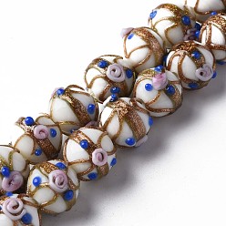 White Handmade Gold Sand Lampwork Beads Strands, Round with Flower, White, 13~15x11~13mm, Hole: 1.6mm, about 45pcs/strand, 20.47 inch~21.06 inch(52cm~53.5cm)