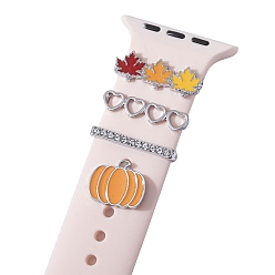 Platinum Pumpkin & Leaf & Heart Autumn Alloy Rhinestones Watch Band Charms Set, with Enamel, Watch Band Decorative Ring Loops, Platinum, Inner Diameter: 2.2x0.3cm, 4pcs/set