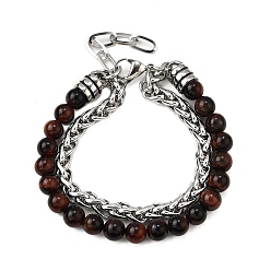 Красный Камень Многорядные браслеты из круглых бусин из натуральной красной яшмы, браслеты из нержавеющей стали с кубинскими звеньями для мужчин и женщин, 8-5/8 дюйм (22 см) ~ 9 дюйм (22.8 см)