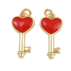 Красный Латунь эмаль подвески, ключ в форме сердца, реальный 18 k позолоченный, стойки покрытие, долговечный, без кадмия и без свинца, с целью перехода в кольце, красные, 17x8.5x2 мм, отверстие : 2 мм