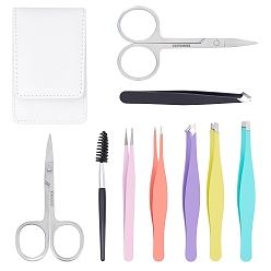 Mixed Color Unicraftale Stainless Steel Beauty Tools, Including Pointed Slant Eyebrow Tweezers, Pointed Slant Eyebrow Tweezers, Straight Tip Tweezers & Eyelash Thinning Shears Comb, Mixed Color, 121.5x77x20mm, 1set