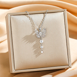Нержавеющая Сталь Цвет Подвеска в виде бабочки из латуни с прозрачными кубическими циркониями 304 Цепочка из нержавеющей стали для женщин, цвет нержавеющей стали, 17.72 дюйм (45 см)