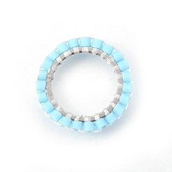Light Sky Blue MIYUKI & TOHO Handmade Japanese Seed Beads, with 304 Stainless Steel Link Rings, Loom Pattern, Ring, Silver, Light Sky Blue, 14.5~15x1.7mm