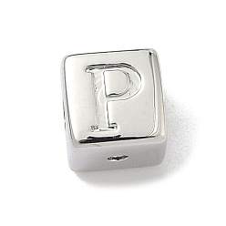 Letter P Латунные бусины, без кадмия и без свинца, долговечный, стойки покрытие, кубические, платина, Письмо P, 6x6x6 мм, отверстие : 1.8 мм