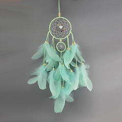 Aquamarine Iron Woven Net/Web with Feather Pendant Decotations, with Dyed Feather & Wood Beads, & Faux Suede Cord, Wall Hanging Ornament for Car, Home Decor, Flat Round with Flower, Aquamarine, 500mm, Ring: 110mm in diameter