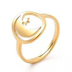 Real 18K Gold Plated Ion Plating(IP) 201 Stainless Steel Moon & Star Adjustable Ring for Women, Real 18K Gold Plated, US Size 6 1/2(16.9mm)