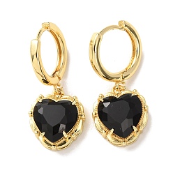 Черный Серьги-кольца в форме сердца из латуни и стекла ко Дню святого Валентина, без свинца и без кадмия, долговечный, стойки покрытие, реальный 18 k позолоченный, чёрные, 28x12.5 мм