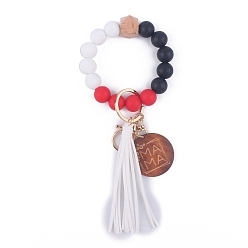 Red Silicone Beaded Wristlet Keychain, with Imitation Leather Tassel and Word Mama Board, for Women Car Key or Bag Decoration, Red, 20cm