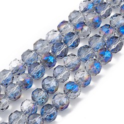 Royal Blue Transparent Electroplate Glass Beads Strands, Faceted, Round, Half Rainbow Plated, Royal Blue, 9~10x9~9.5mm, Hole: 1.4mm, about 54~60pcs/strand, 18.90~21.65 inch(48~55cm)