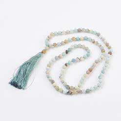 Amazonite Natural Amazonite Buddha Mala Beads Necklaces, with Alloy Findings and Nylon Tassels, 109 Beads, 39.3 inch (100cm), Pendant: 115mm long