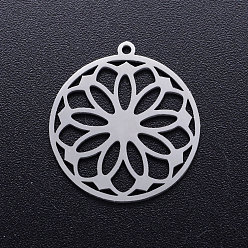 Stainless Steel Color 201 Stainless Steel Pendants, Ring with Flower, Stainless Steel Color, 21.5x20x1mm, Hole: 1.2mm