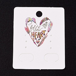 White Paper Jewelry Display Cards, for Hanging Earring Display, Rectangle with Heart, White, 50x40x0.3mm, Hole: 5.3mm