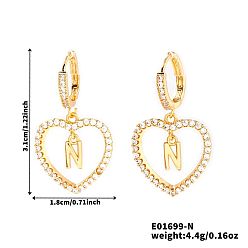 Letter N Латунные серьги-кольца в форме сердца, с четким кубического циркония, золотые, Письмо N, 31x18 мм