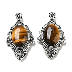 Tiger Eye Natural Tiger Eye Big Pendants, Antique Silver Plated Alloy Oval Charms, 55x31.5x13mm, Hole: 7x5mm