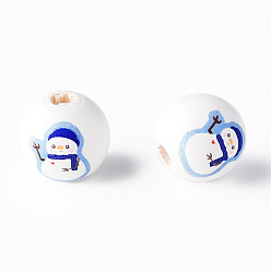 Blue Painted Natural Wood Round Beads, Christmas Style, Snowman, Blue, 16x15mm, Hole: 4mm