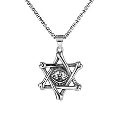 Antique Silver Stainless Steel Pendant Necklaces, Star of David with Eye, Antique Silver, 23.62 inch(60cm)