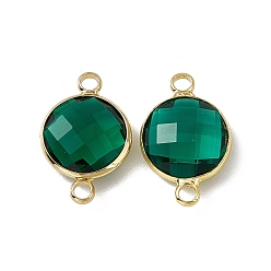 Emerald Transparent K9 Glass Connector Charms, with Light Gold Plated Brass Findings, Faceted, Flat Round Links, Emerald, 19.5x12.5x4.5mm, Hole: 2mm