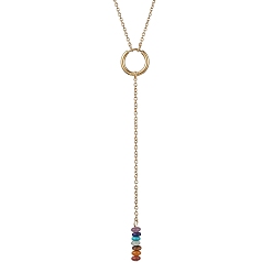 Golden Natural & Synthetic Mixed Gemstone Rondelle Lariat Necklaces, Chakra Theme Necklace with 304 Stainless Steel Cable Chains, Golden, 16.06 inch(40.8cm)