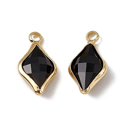 Jet K9 Glass Pendants, Rhombus Charms, Faceted, with Light Gold Tone Brass Edge, Jet, 18.5x10x5mm, Hole: 2.2mm