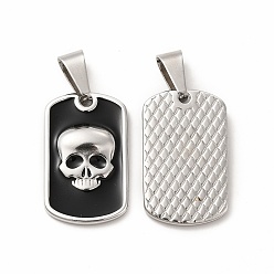 Stainless Steel Color 304 Stainless Steel Enamel Pendants, with 201 Stainless Steel Clasp, Rectangle with Skull, Stainless Steel Color, 26x16x3mm, Hole: 4x9mm