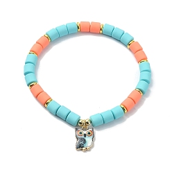 Salmon Polymer Clay Column Beaded Stretch Bracelets, with Alloy Owl Charms, Salmon, Inner Diameter: 2-1/4 inch(5.7cm)