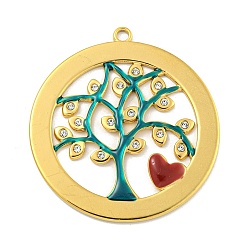 Темно-бирюзовый Ионное покрытие (ip) 304 подвески из нержавеющей стали со стразами, с эмалью, реальный 18 k позолоченный, плоский круглый с подвеской в виде дерева, темные бирюзовый, 39x35x2 мм, отверстие : 2 мм